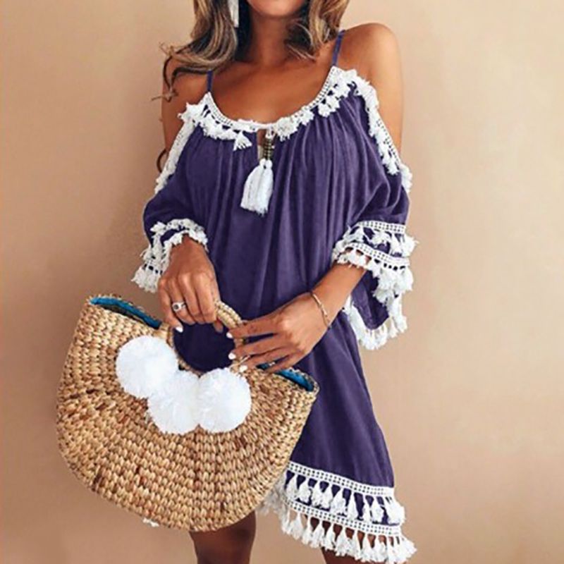Women White Lace Dress Casual Spaghetti Strap Tassel Patchwork Loose Dress Plus Size XXXL Summer D