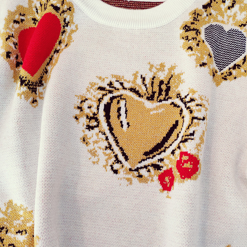 2019 Autumn Sweater Women Winter Heart Pattern Printed Knitwear Pullover Loose Jumper Vintag Warm Office Lady Knitted Sweater V191130
