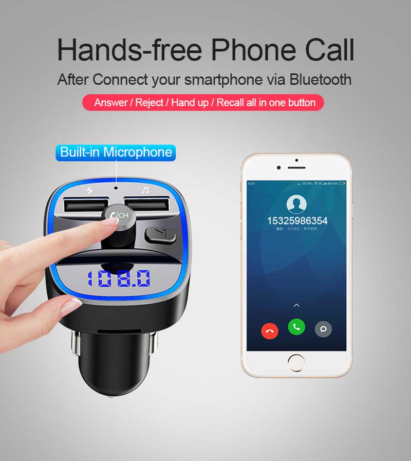 Bluetooth FM Transmitter Blue Ambient Ring Light Wireless Radio Car Receiver Adapter Kit With Hands-Free Calling Dual USB Charger
