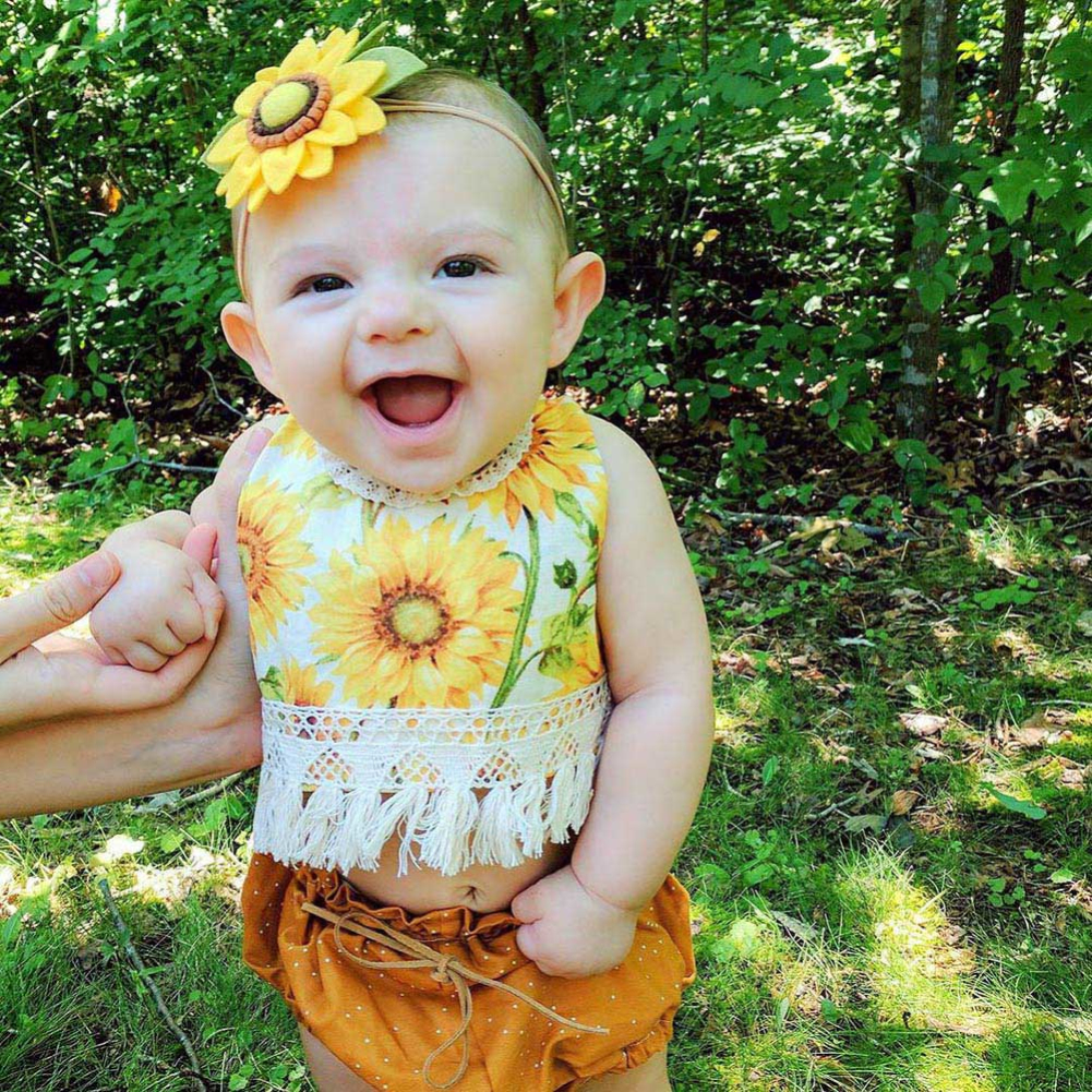 Sleeveless Summer Cute Sunflower Girl Clothing Tassel Backless Top Dot Short Outfits 2PCs Newborn Baby Girls Clothes Set