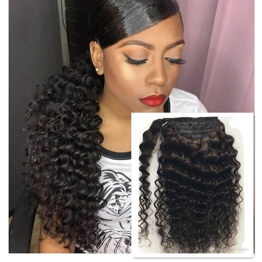 Elegant curly wraps around ponytail hairstyle deep wave drawstring ponytail hairpiece 100g-160g clip in brazilian hair ponytail extension 1b natural b