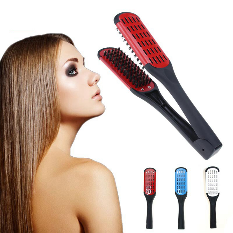 Pro Hairdressing Straightener Ceramic Hair Straightening Double Brushes V Shape Comb Clamp Not Hurt Styling Tools Peine En Forma De V Para Alisar El C
