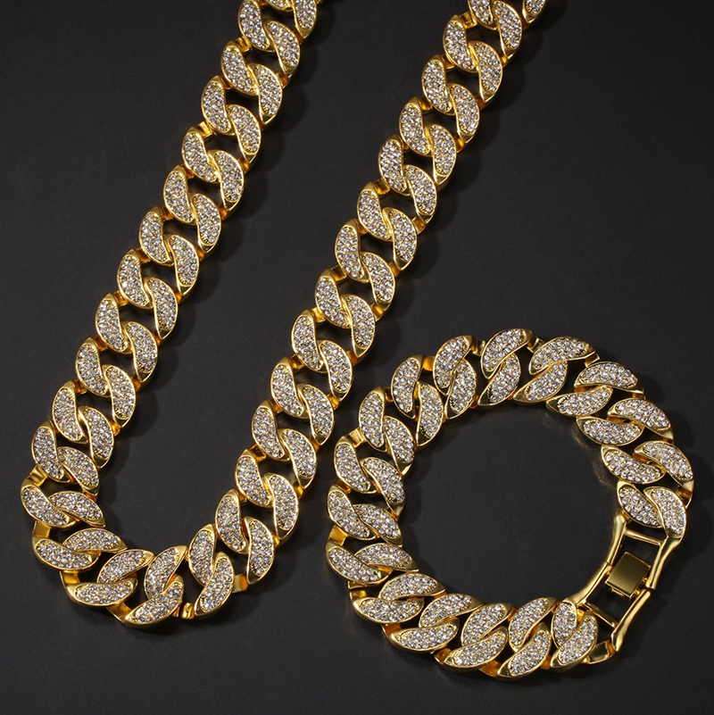 Hip Hop Bling Chains Jewelry Men Gold Bracelets Necklace Iced Out Miami Cuban Link Chain