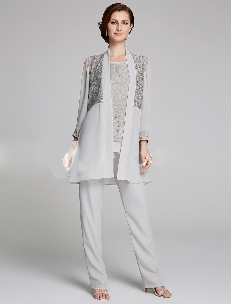 Plus Size Mother Of The Bride Pant Suit 3 Piece Chiffon for Beach Wedding Dress Mother's Dress Long Sleeves Chiffon Silver Evening Gowns