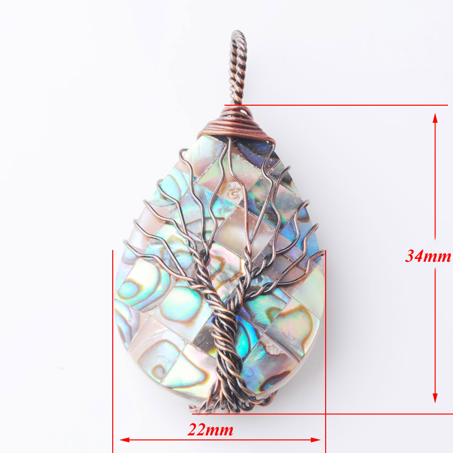 WOJIAER Necklace & Pendant Natural Abalone Shell Jewelry Tree of Life Ancient Copper Metal Wire Wrap Water Drop Bead Chain 18Inches W9311