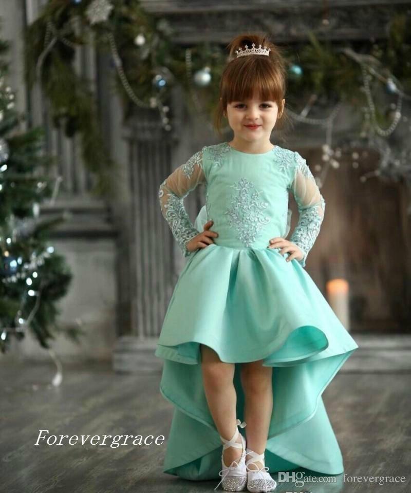 2019 Chic High Low Cute Princess Long Sleeves Girl's Pageant Dress Vintage Arabic Lace Party Flower Girl Pretty Dress For Little Kid