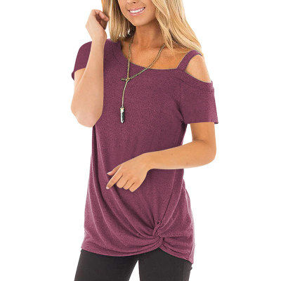 Solid Women's Cold T-Shirt Irregular Off Shoulder Short Sleeve Blouses Knot Twist Front Tunic Tops