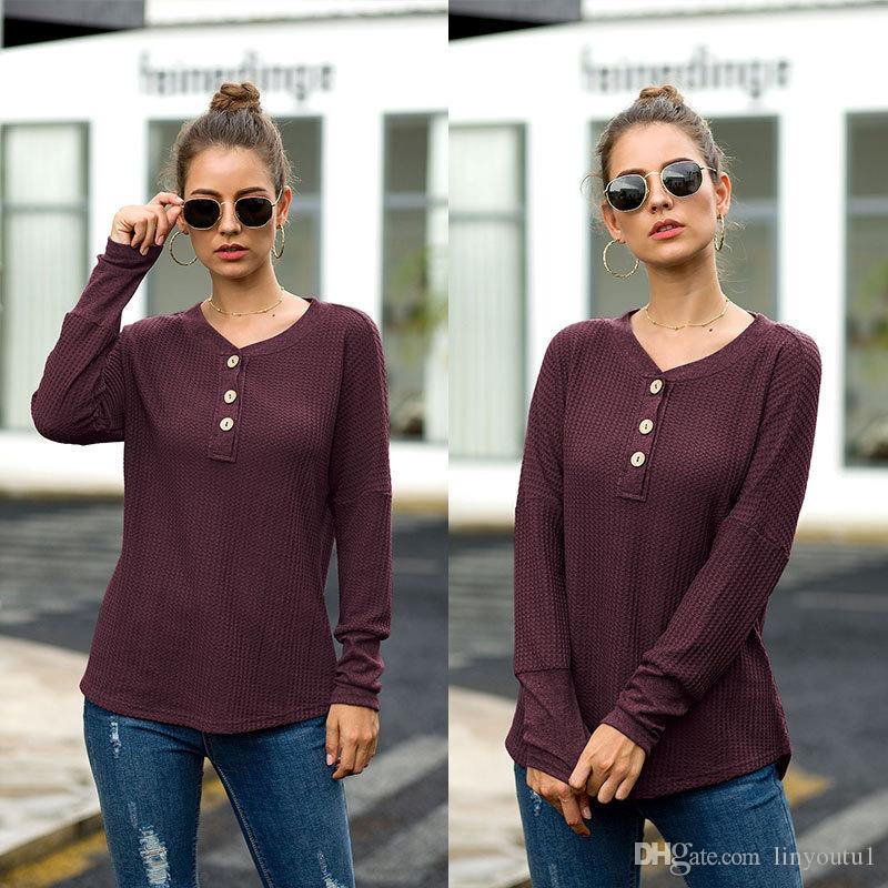 hot sale Women Autumn Blouse Waffle Button Up Front Oversize Loose Knit Blouse Shirt Tops Women Blusas 2019 Fall New