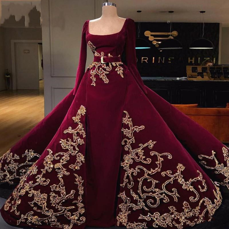 Puffy Overskirts Evening Dresses With Appliques Sash 2020 Dubai arabic Long Sleeves Prom Dress Square Dark Red robes de soiree