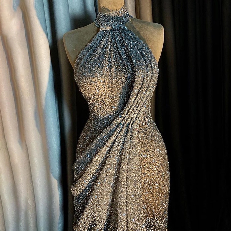 Sexy Sequins Evening Dresses High Collar Lace Beaded Luxury Ruffles Mermaid Prom Dress Floor Length Formal Party Wear