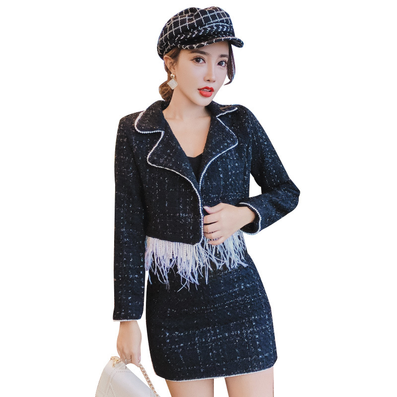 2 Piece Women Wool Set Elegant ostrich feather Pearl Panel Short Jacket Package hip skirt Office Skirt Suit Set Female suits, Black
2 Piece Women Wool Set Elegant ostrich feather Pearl Panel Short Jacket Package hip skirt Office Skirt Suit Set Female suits, Black