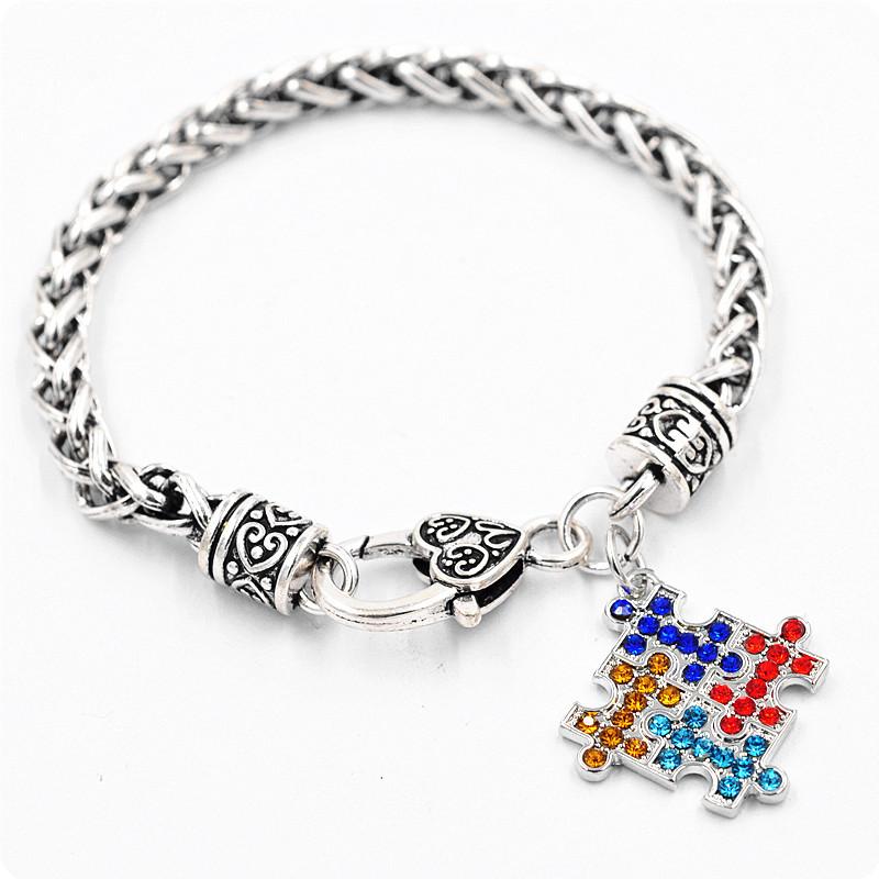 Autism Awareness Puzzle Jigsaw Colorful Fashion Square Enamel Charm Bracelet Friendship Jewelry for kids boys girls unisex women men