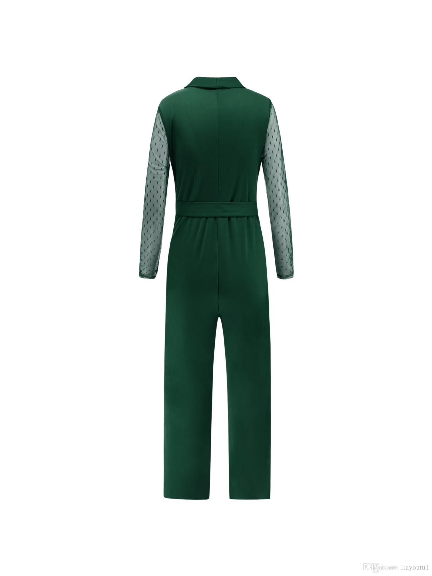 2020 Women Jumpsuits V neck Sexy Strap Slim Long Sleeve stitching wave point long sleeve Jumpsuit Romper Trousers Loose Leotard