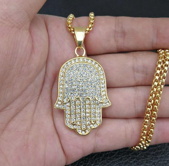 Mens lucky hamsa hand pendant necklace hip hop Rock style Full cubic zirconia 24" rope chain silver gold plated cz men necklace WY015