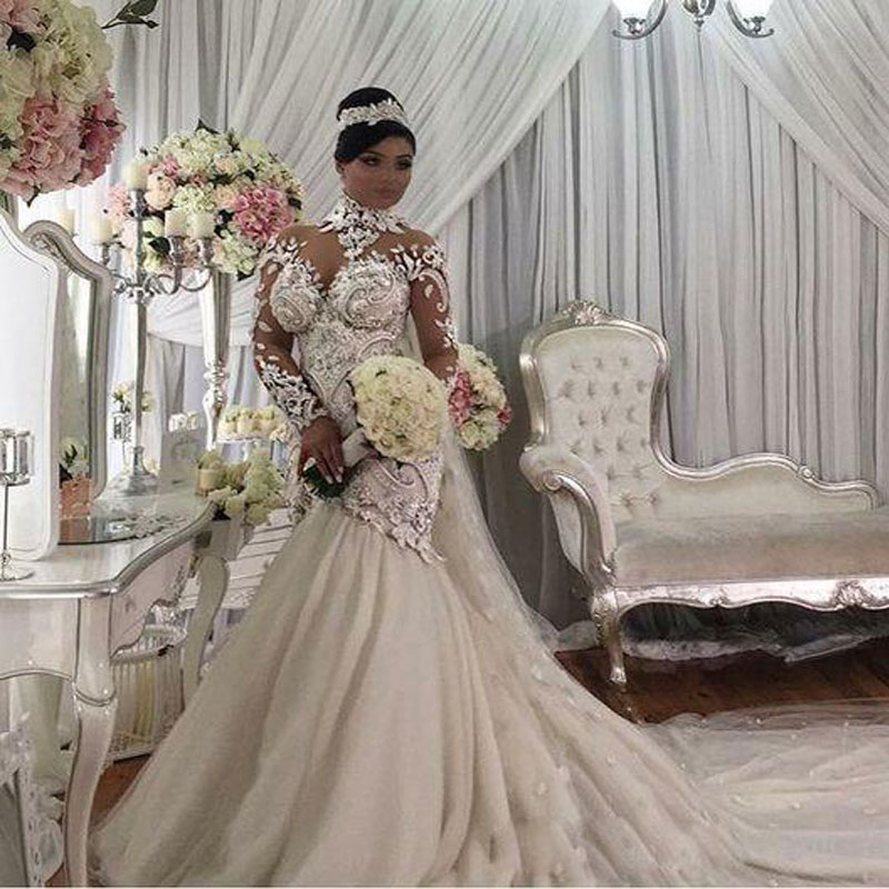 High Neck Mermaid Wedding Dresses Girls Long Sleeves Bride Bridal Gowns Lace Appliques Beach Sheath Column Customize Made Plus Size