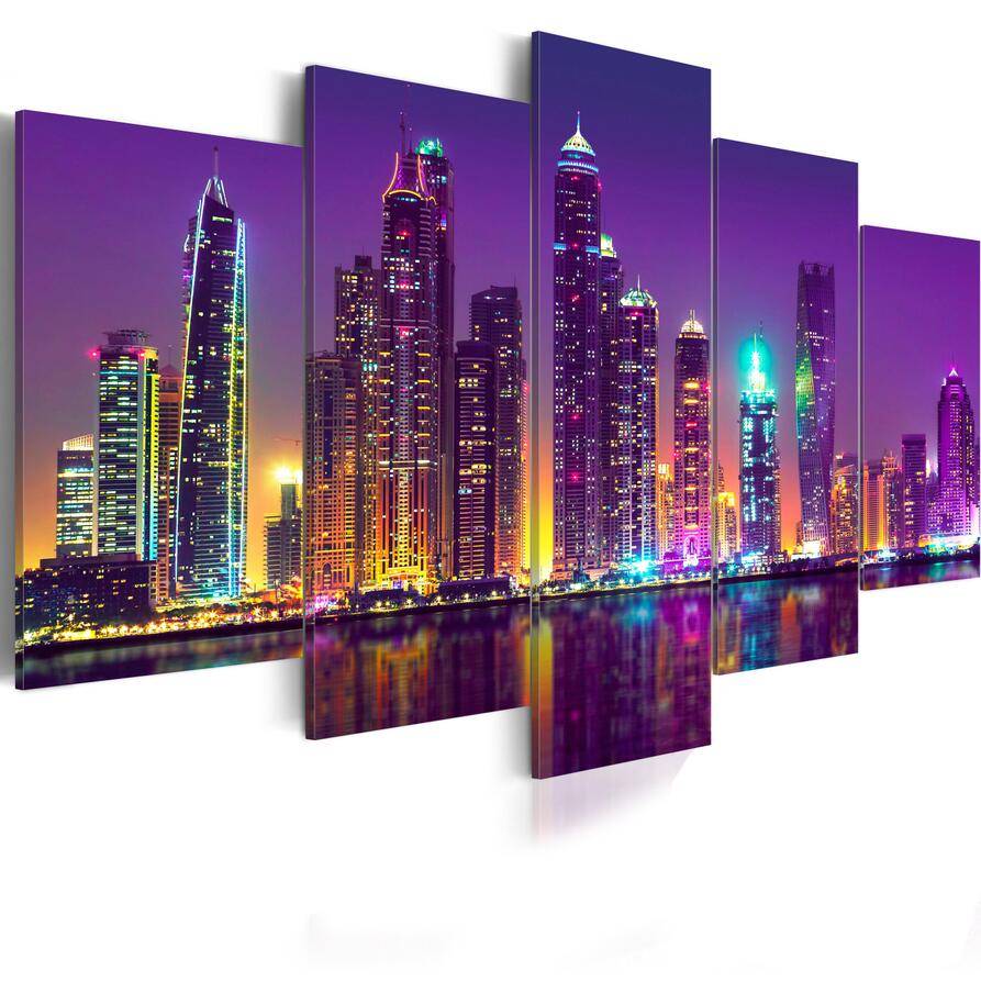 (No Frame)5PCS/Set Building Fashion Wall Art Canvas Painting City Night View Modern Home Decoration,Choose Color:3 And Size:3