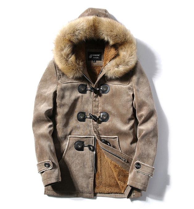 Men's Down Autumn And Winter Fur Collar Horn Buckle Velvet Leather Coat Long Section Slim Thick Warm Youth Cotton Jacket BY261