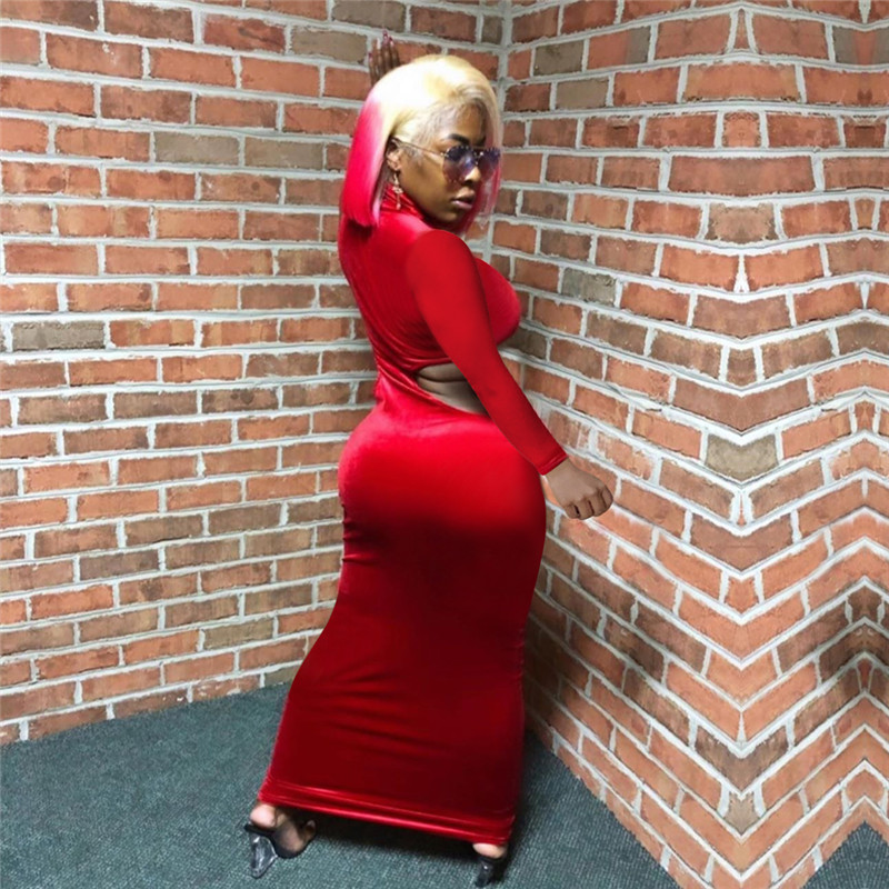 Women pleuche Velvet long sleeve one-piece dress sexy solid color package hip long skirt night club wearing clothes S-2XL 2000