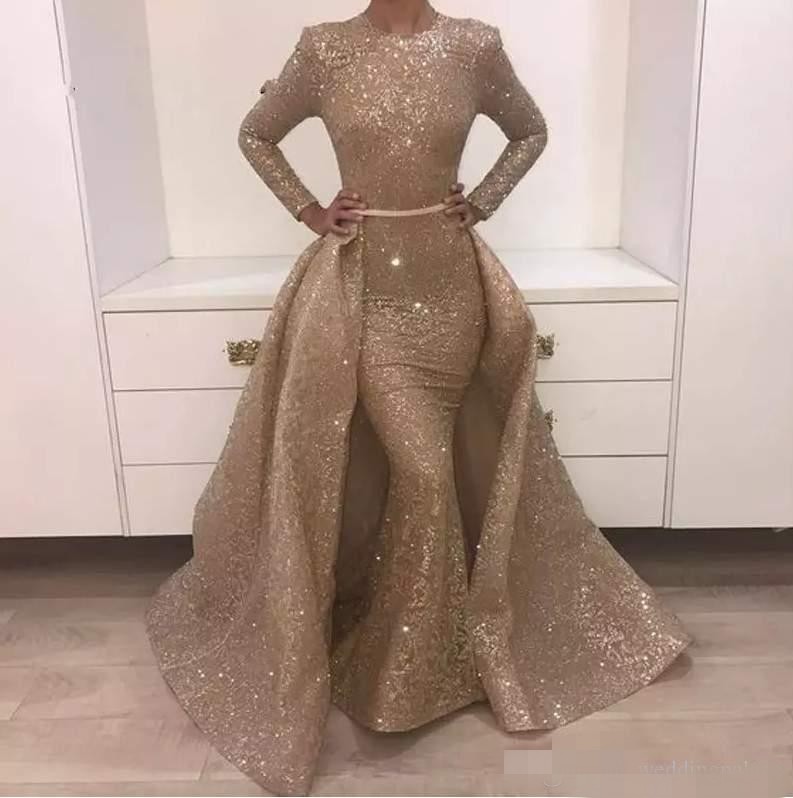 Sparkly Gold Sequins Mermaid Prom Dresses with Detachable Train Long Sleeves 2020 Newest Evening Gown Formal Occasion Wear