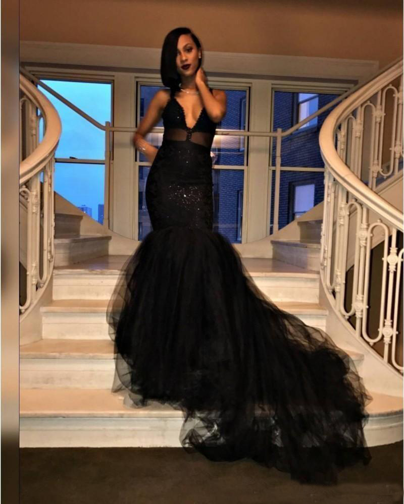 African Black Mermaid Evening Dresses Sexy Lace Applique Ruffles Tulle Prom Gown Party Dress Custom Made Plus Size Formal Gowns