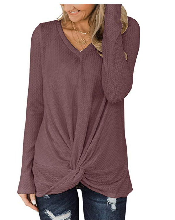 Spot 2021 European spring and summer solid color V-neck long sleeve waffle twisted T-shirt shirt sweater support mixed batch