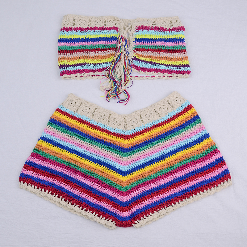 Rainbow Striped Crochet Set Women Summer Swimwear Handmade Sexy Beachwear Hot BOHO Hollow Out Bathing Suits Bandage New B3