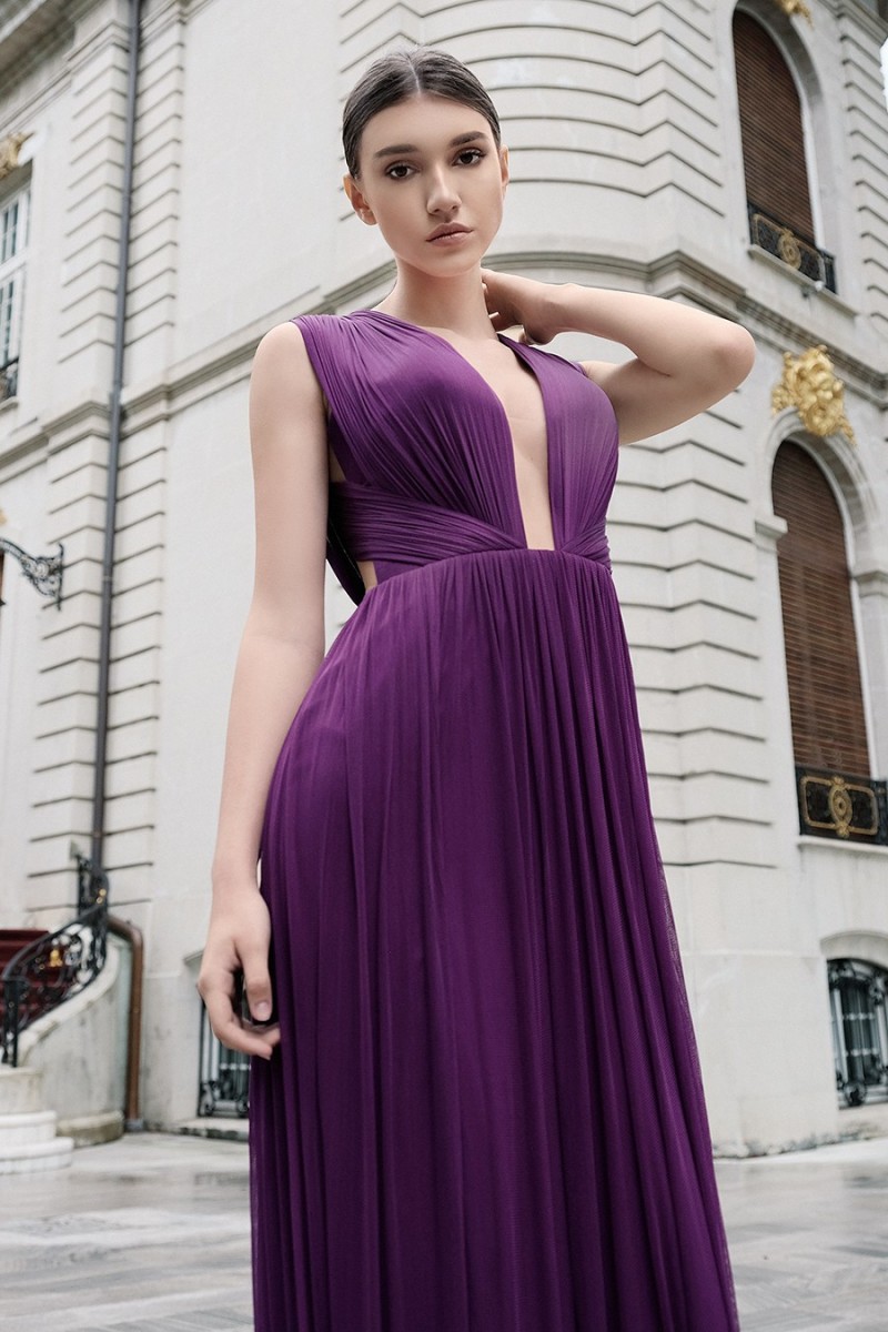 Cristallini Dark Purple Evening Dresses Deep V Neck Chiffon Side Split Prom Gowns Plus Size Abendkleider Formal Dress robes de soirée