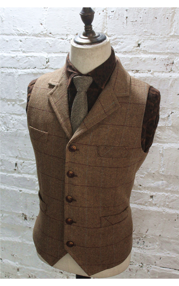 2020 Brown Plaid Groom Vests For Wedding Wool Herringbone Tweed Custom Made Slim Fit Mens Suit Vest Farm Prom Dress Waistcoat Plus Size