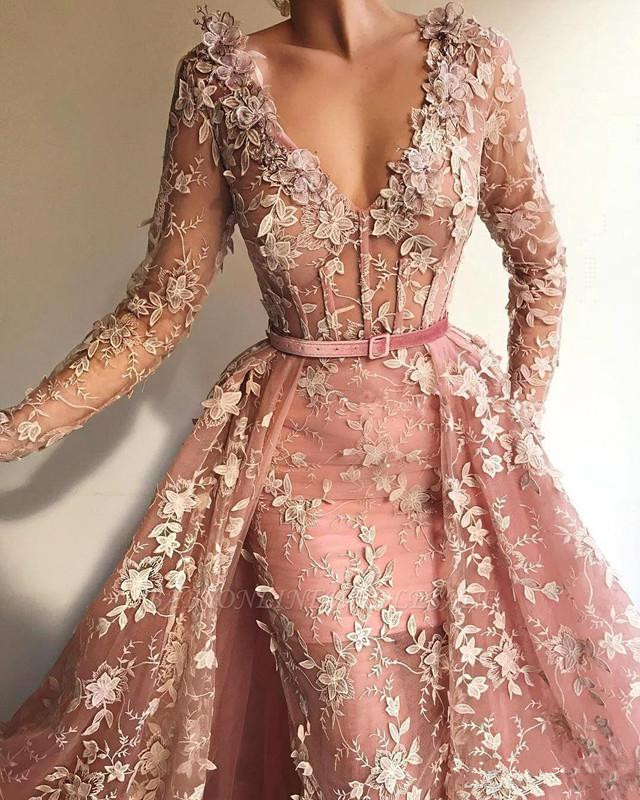 3D Wers Pink Lace Prom Dresses With Detachable Train V Neck Long Sleeve Arabic Dubai Mermaid Ocn Evening Wear Dress 6660306