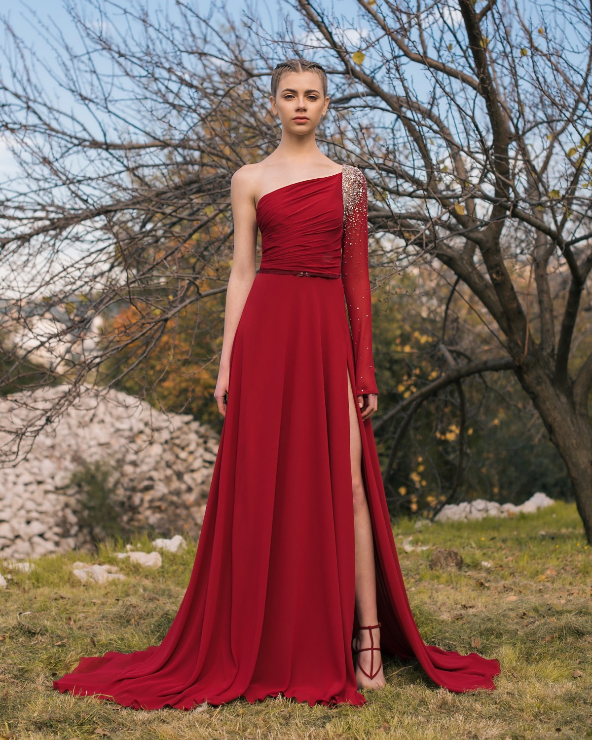 One Shoulder Red Prom Dresses 2019 Georges Hobeika Long Sleeve Beaded Formal Evening Gowns Thigh High Split Sweep Train Party Dresses