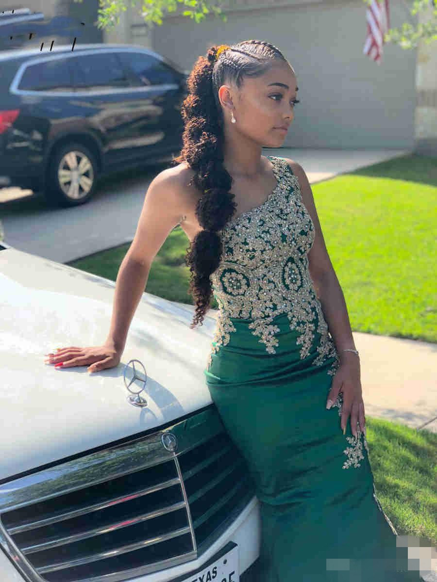 One Dark Green Shoulder Prom Dresses Satin Sweep Train Gold Lace Applique Beaded Crystal Custom Made Mermaid Formal Evening Gown 2020 Newest