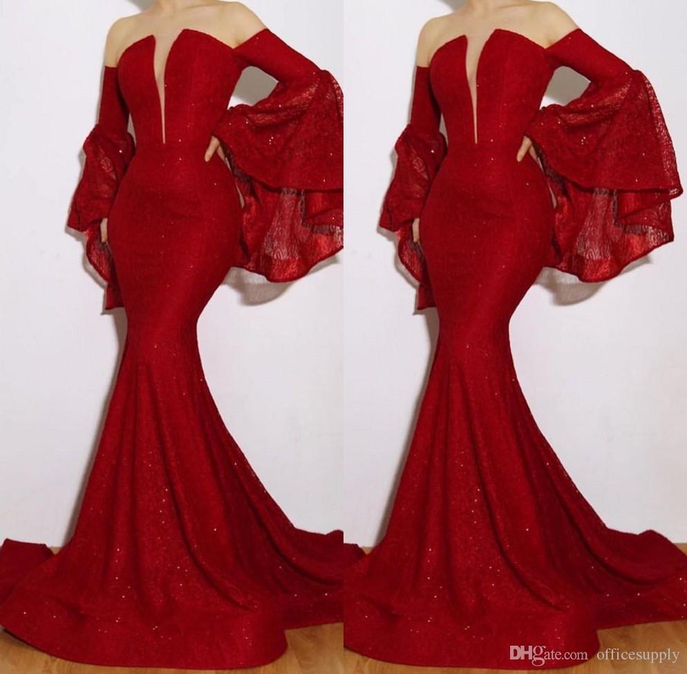 Luxury Mermaid Prom Dresses 2019 Strapless Long Sleeves Sweep Train Glitter Evening Dress Custom Made Red Formal Party Gowns