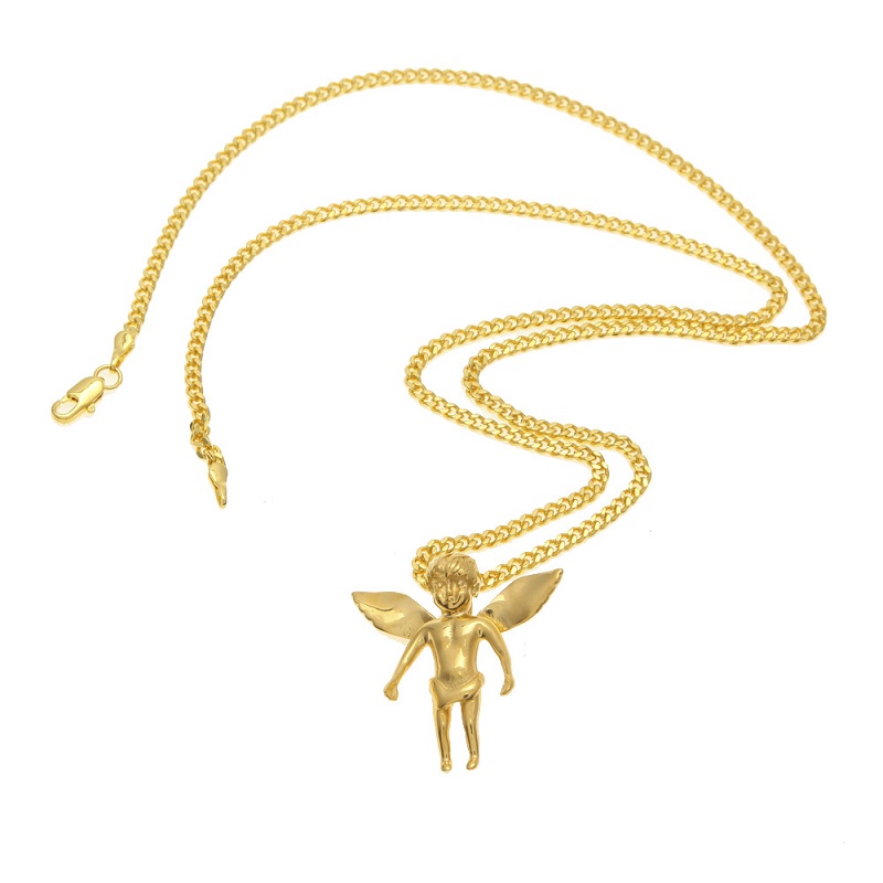 Fashion- Hip Hop Necklace Gold Stainless Steel Baby Angle Pendant Necklaces Cuban Link Chain Mens Jewelry