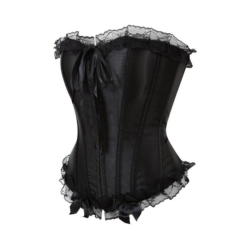 Women Burlesque Plus Size S-6XL Black Overbust Corset Lingerie Top Body Shaper Sexy Lace Up Plastic Boned Corselet with Ruffle Lace Trim