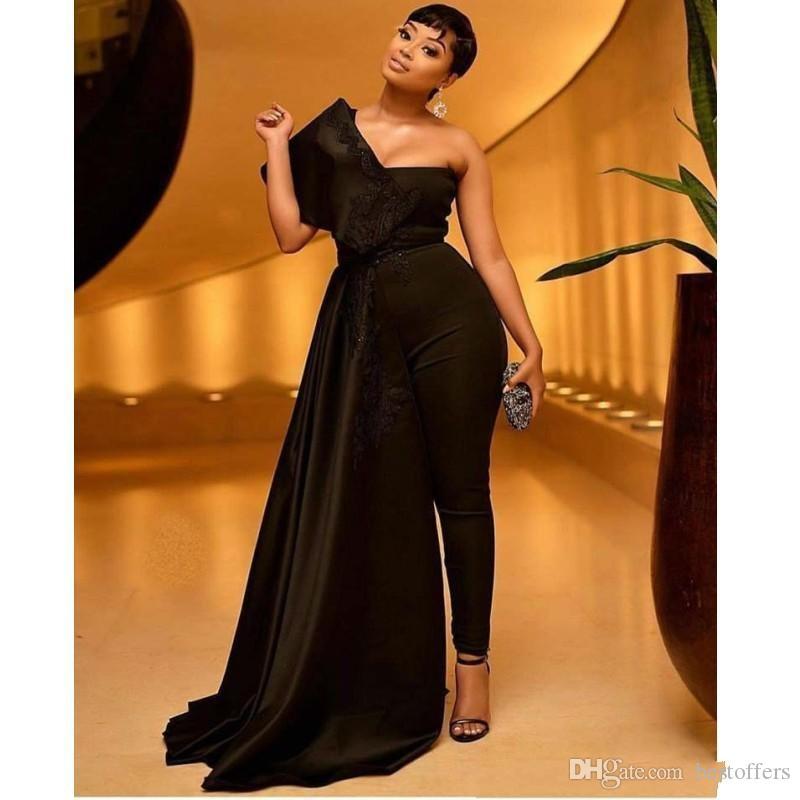 Plus Size African Sexy Black Jumpsuit Prom Dresses Appliques Sequins One Shoulder Overskirts Evening Dresses With Pant Suits Party Gowns