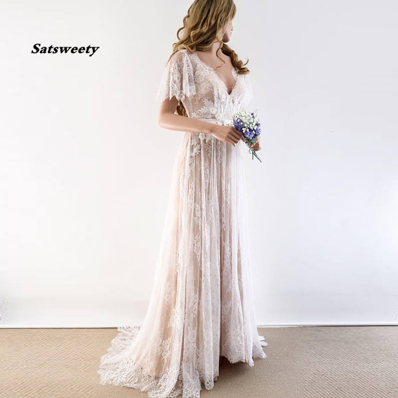 Boho Wedding Dress V Neck Cap Sleeve Lace Beach Bridal Gown Backless Custom Made A-Line Bride Dresses, Custom made from color chart
Boho Wedding Dress V Neck Cap Sleeve Lace Beach Bridal Gown Backless Custom Made A-Line Bride Dresses, Custom made from color chart