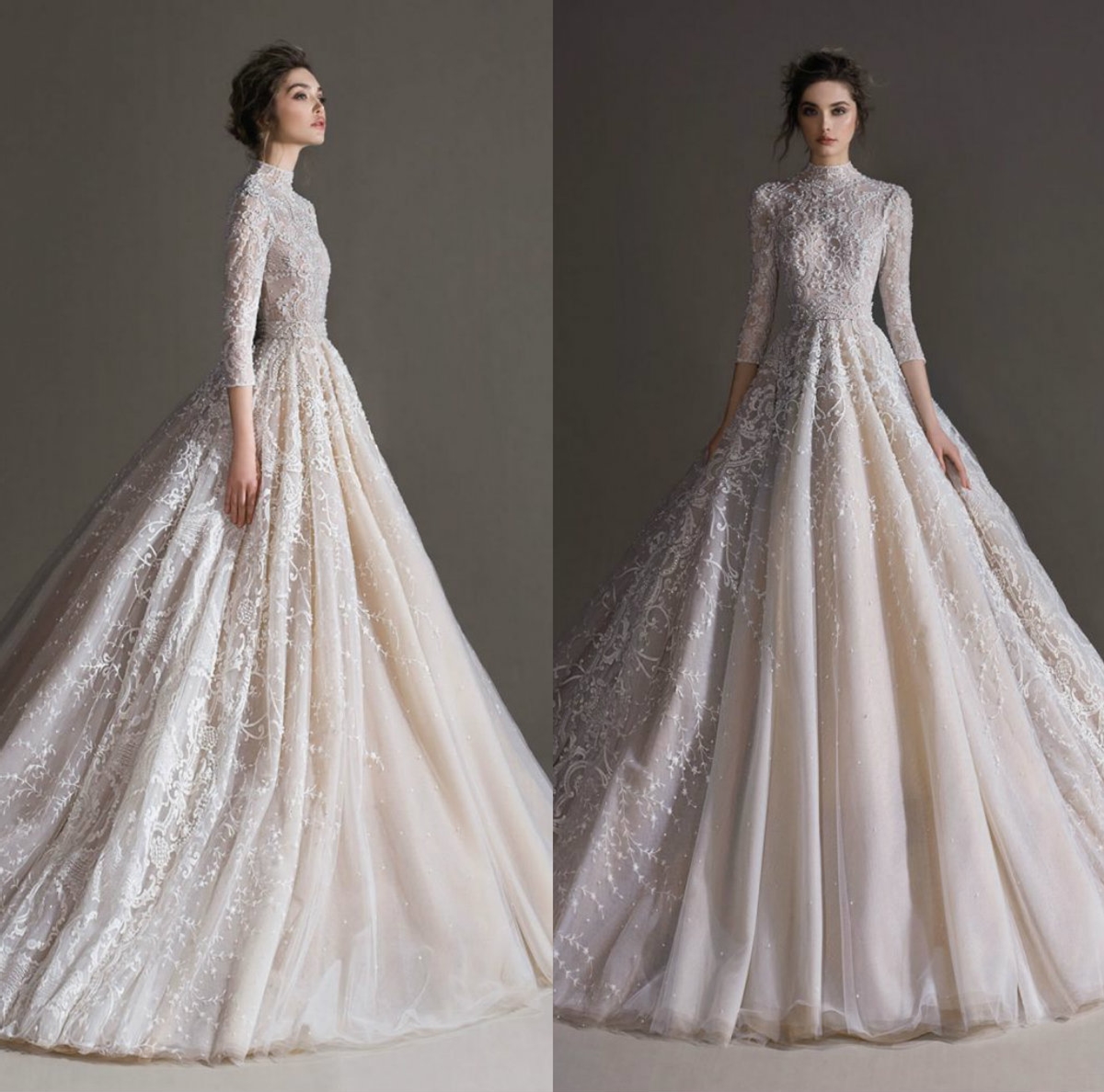 Elegant A Line Wedding Dresses High Collar Lace Appliques Wedding Dress Long Sleeve Beach Sweep Train Bridal Gowns, Khaki
Elegant A Line Wedding Dresses High Collar Lace Appliques Wedding Dress Long Sleeve Beach Sweep Train Bridal Gowns, Khaki