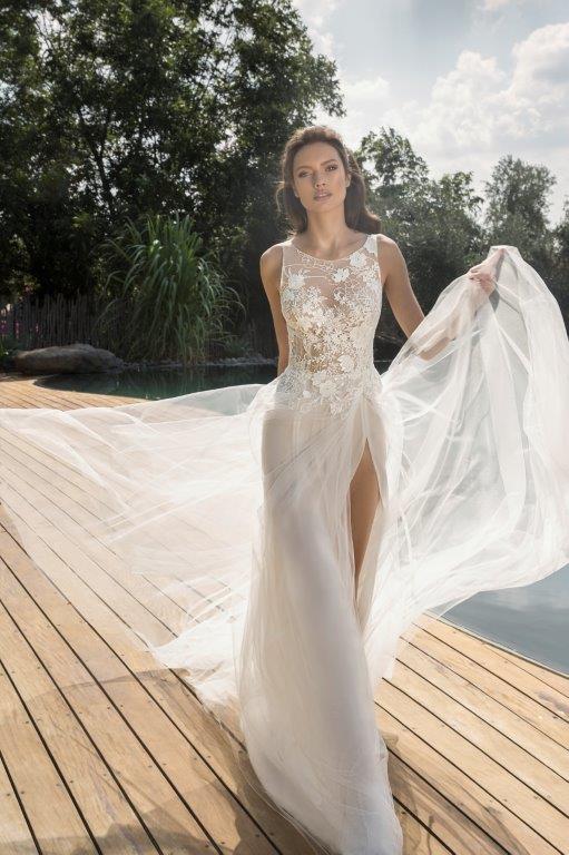 Julie Vino Wedding Dresses Boho Jewel Neck High Slit Lace Appliques Beach Wedding Dress Bohemian A Line Bridal Gowns Vestidos De Novia