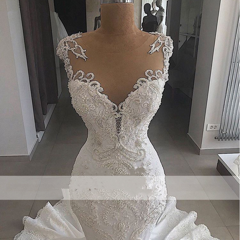 Illusion Back Mermaid Wedding Dresses 2020 Luxury Lace Beaded Pearls Ruffles Court Train Garden Wedding Gown Vestido de Novia