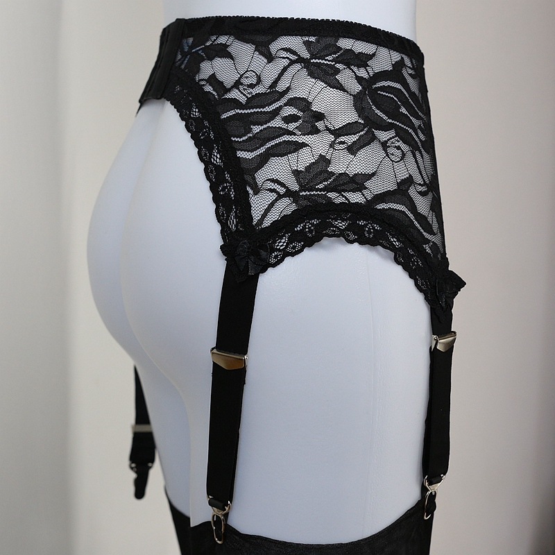 Sexy Women 3 Hook & Eye 6-Metal Buckles Straps Lace and Mesh Lingerie Suspender Elastic Garter Belt with Lace Hem and Satin Bows No stocking