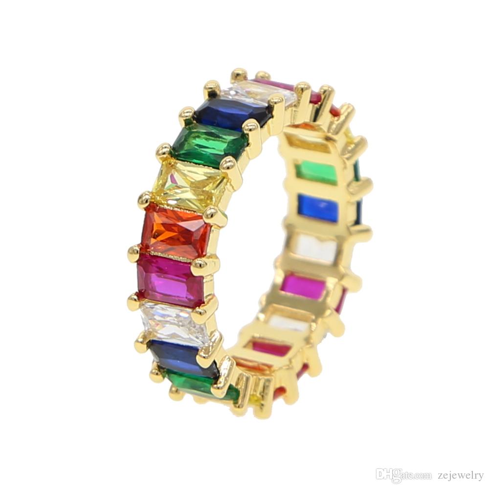 New women rainbow color engagement band rings for women Luxury gorgeous european lady jewelry paved full cz eternity bands ring