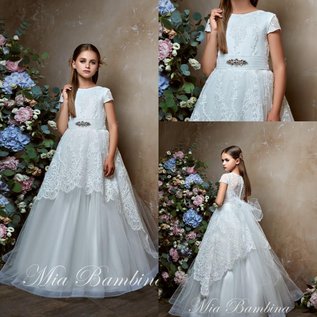 Newest A-Line Flower Dresses Jewel Neck Appliqued Short Sleeves Pageant Gown Bow Sash Tiered Skirts Girl Birthday Gowns