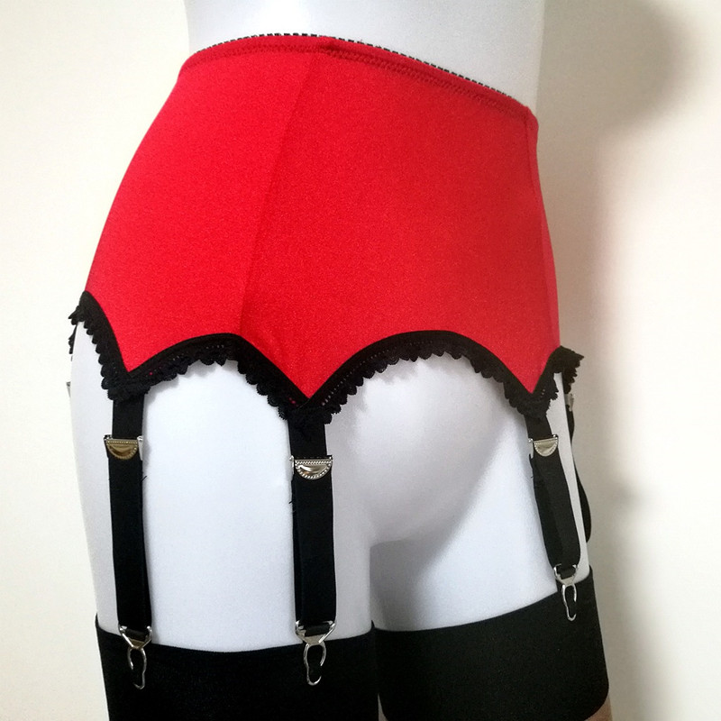 No Bows 6-Metal Buckles Straps Garter Belt Women Sexy Lace Hem Lingerie Suspender Elastic Belt Pants S-XXL (No stockings ) Black Red White