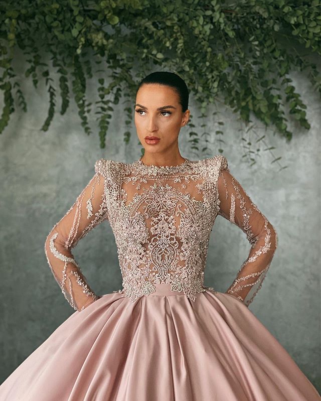Sparkly Beading Prom Dresses High Collar Long Sleeve Lace Appliques Evening Gowns Plus Size Puffy Ball Gown Appliques Formal Party Dress
