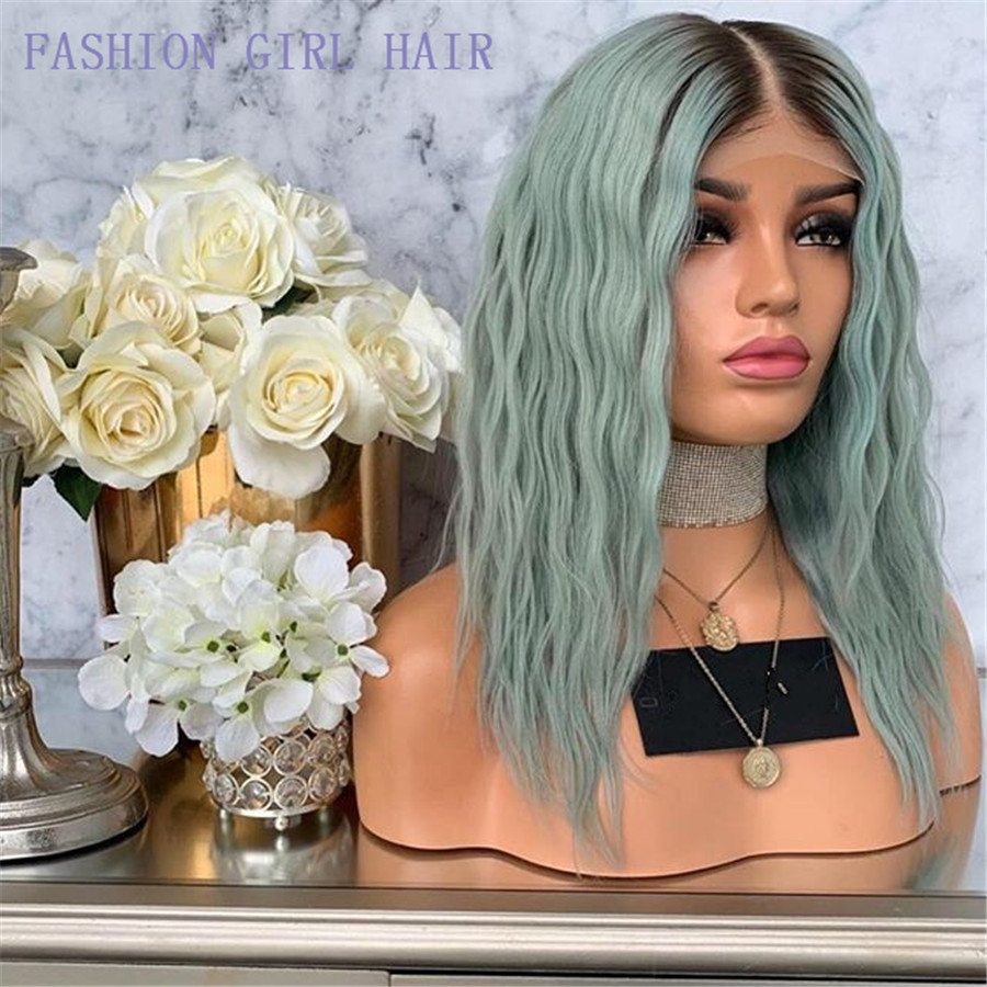 New middle part water wave Bob Wig Ombre green color brazilian Lace Front wig Pre Plucked Short synthetic Wigs for Black Women