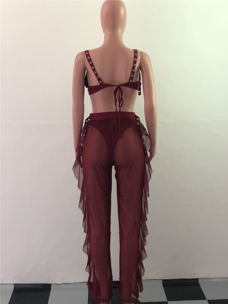 Adogirl Sexy 3 Piece Set Bra Top Thongs Pearls Ruffle Sheer Mesh Pants Night Club Outfits Fashion Bikini Trousers Suit 3 Colors