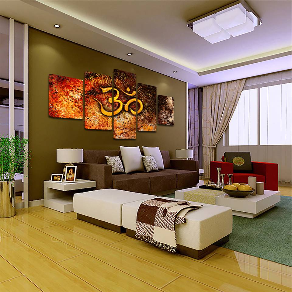 Canvas HD Prints Paintings 5 Pieces Golden Mystical OM Symbol Pictures Wall Art India Om Abstract Posters Home Decor(No Frame)