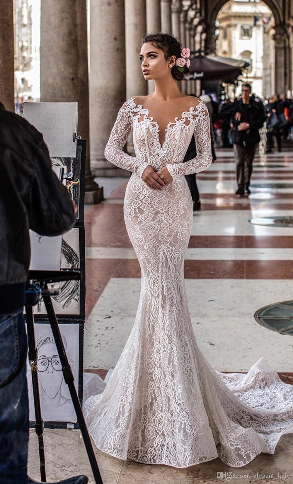 Sexy Designer New Mermaid Dresses With Long Sleeve V Neck Low Back Lace Applique Wedding Dress Bridal Gowns Robe De Mariee