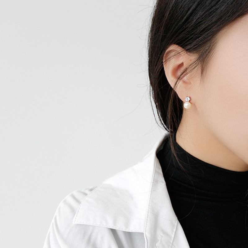 100% 925 Sterling Silver Zircon Earrings For Women Natural Freshwater Pearl Stud Earring Female Silver Fine Jewelry