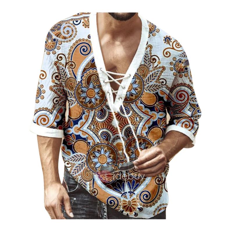 Ethnic Style Printed Shirt Men Sexy V Neck High Street Lace Up Vintage Camisa 3/4 Sleeve Mens Hawaiian Shirts Male Tops Blouse, As pic
Ethnic Style Printed Shirt Men Sexy V Neck High Street Lace Up Vintage Camisa 3/4 Sleeve Mens Hawaiian Shirts Male Tops Blouse, As pic